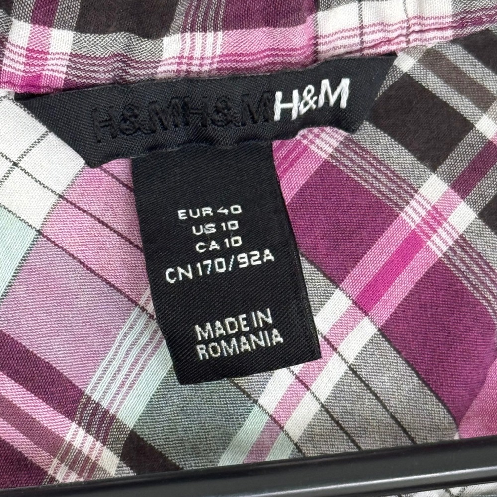 H&M Pink Black White Plaid Y2K Short Sleeve V-Neck Preppy Blouse Women's Size 10 - Picture 3 of 3